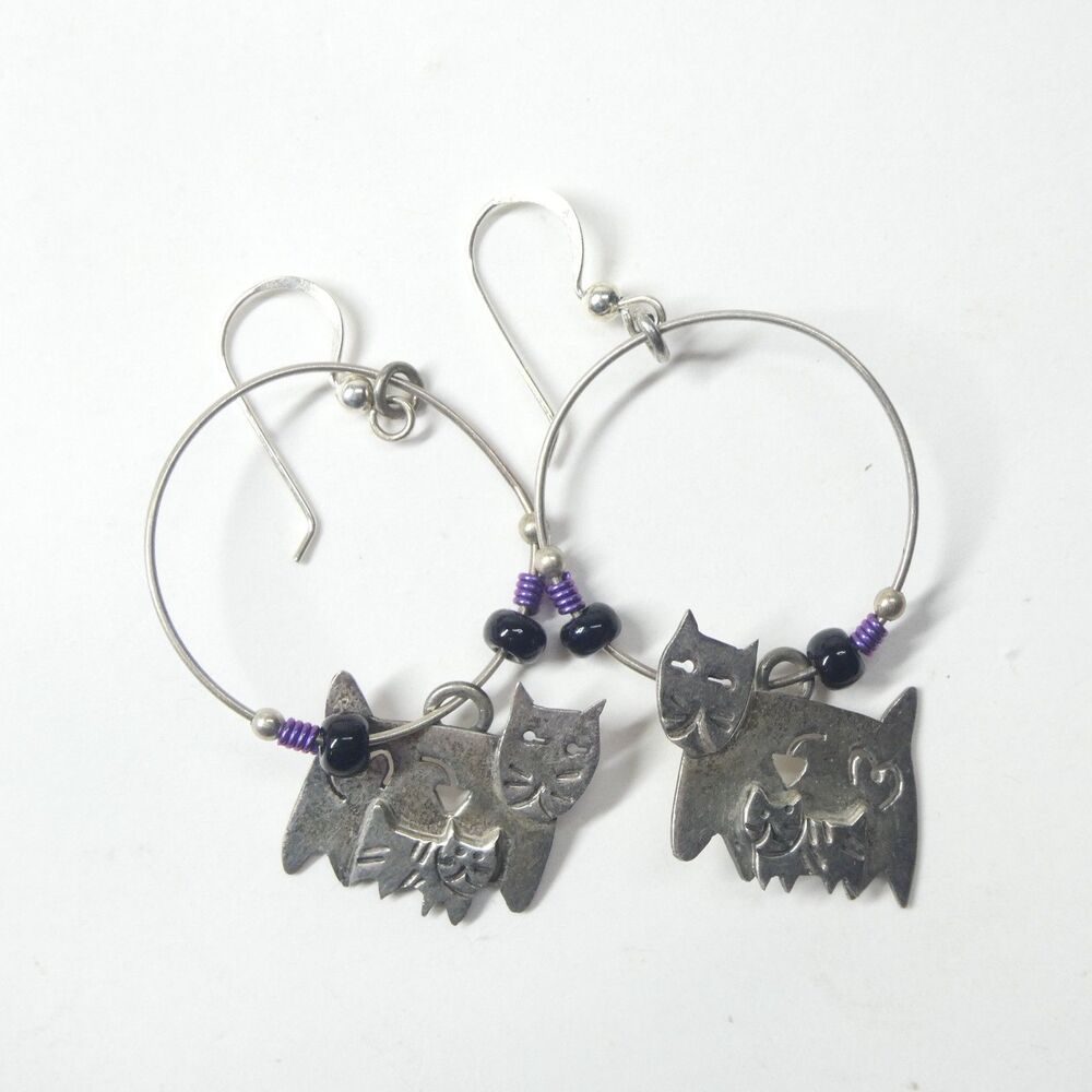 Far Fetched Cat Family Hoop Earrings 925 Sterling Silver